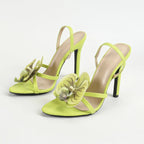 Women's Three-dimensional Floral Decoration Summer High Heel Sandals Toe Stiletto Heel Ankle Strap Fashion Party Dress Shoes
