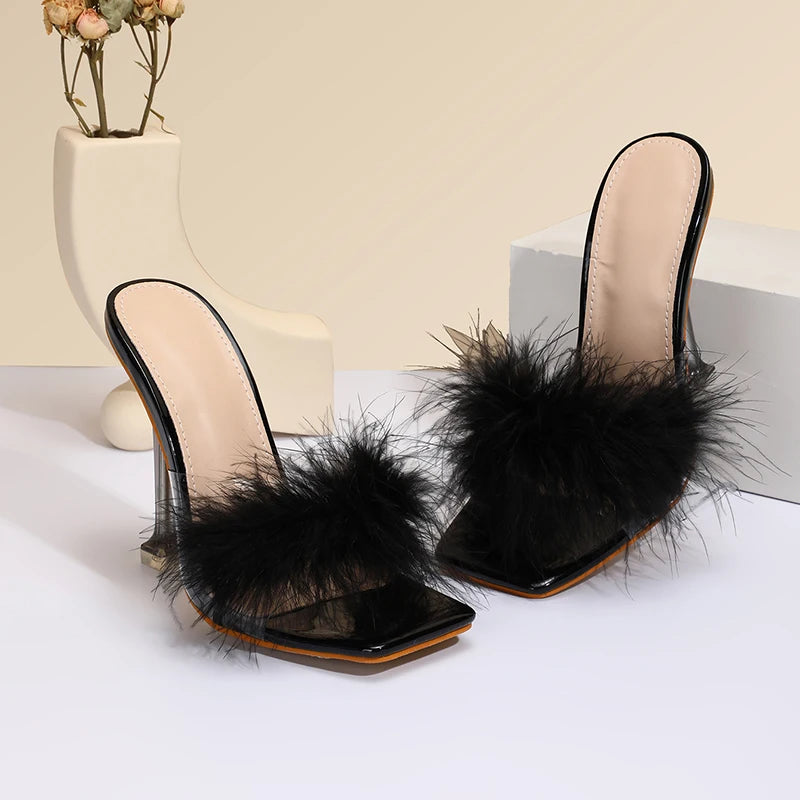 Women Summer 2022 New Fashion Fur Stiletto Sandals Open Toe High Heels Zapatillas Mujer Sapatos Femininos Slippers