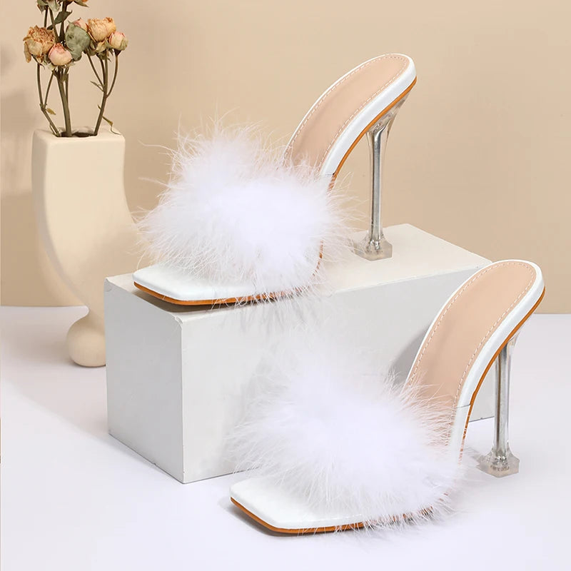 Women Summer 2022 New Fashion Fur Stiletto Sandals Open Toe High Heels Zapatillas Mujer Sapatos Femininos Slippers