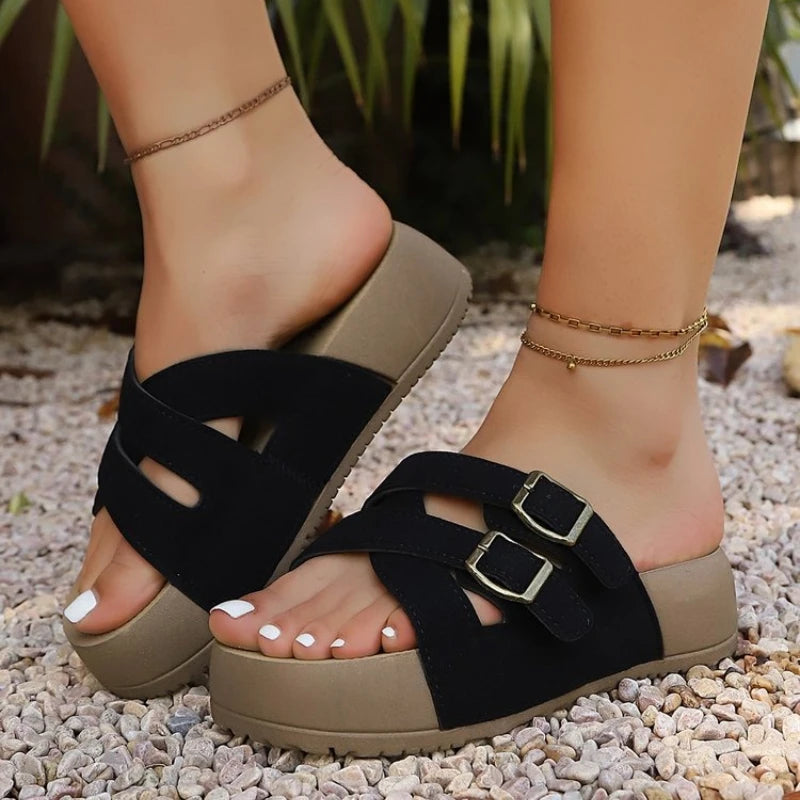 Women Leisure Slippers Retro Trend with Buckles Female Summer Casual Shoes Comfortable Beach Slides Girls Platform Sandals