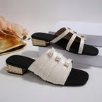 Women Slippers Summer Fashion Open Toe Flat Bottomed Square Heel Slippers Ladies Narrow Strap Flower Decoration Sandals Size 43