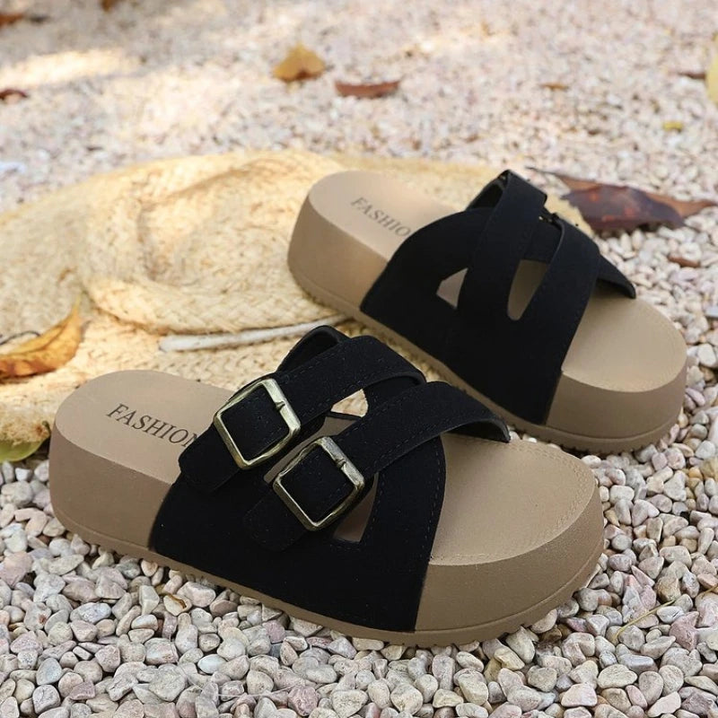 Women Leisure Slippers Retro Trend with Buckles Female Summer Casual Shoes Comfortable Beach Slides Girls Platform Sandals