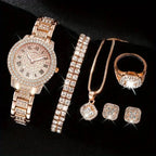 Full Diamond Roman Literal Steel Strip Watch with Starry Charm Business Quartz Watch Set