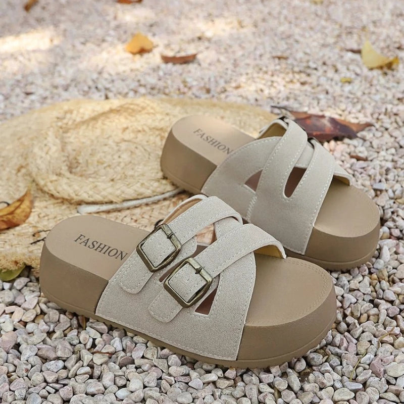 Women Leisure Slippers Retro Trend with Buckles Female Summer Casual Shoes Comfortable Beach Slides Girls Platform Sandals