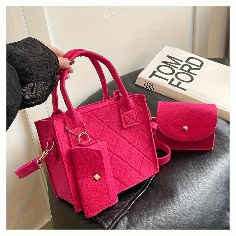 3pcs Embossed Women's Handbag Set Fashion Crossbody Bags, Matching Clutch and Wallet, Solid Color Casual Small Square Bag