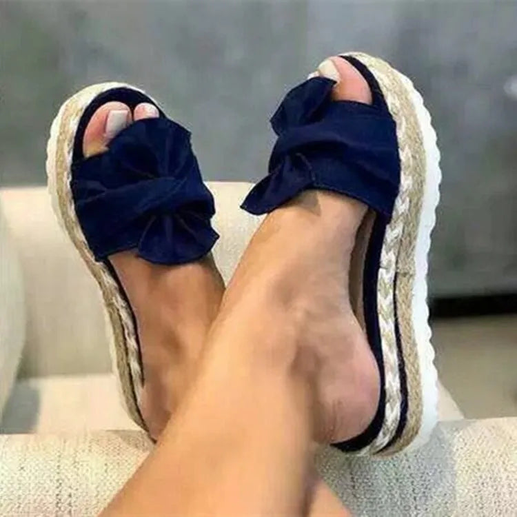 Women Slippers Summer 2022 Platform Wedges Mid Heels Bow Tie Peep Toe Fashion Slides Beach Outdoor Ladies Shoes Zapatos De Mujer