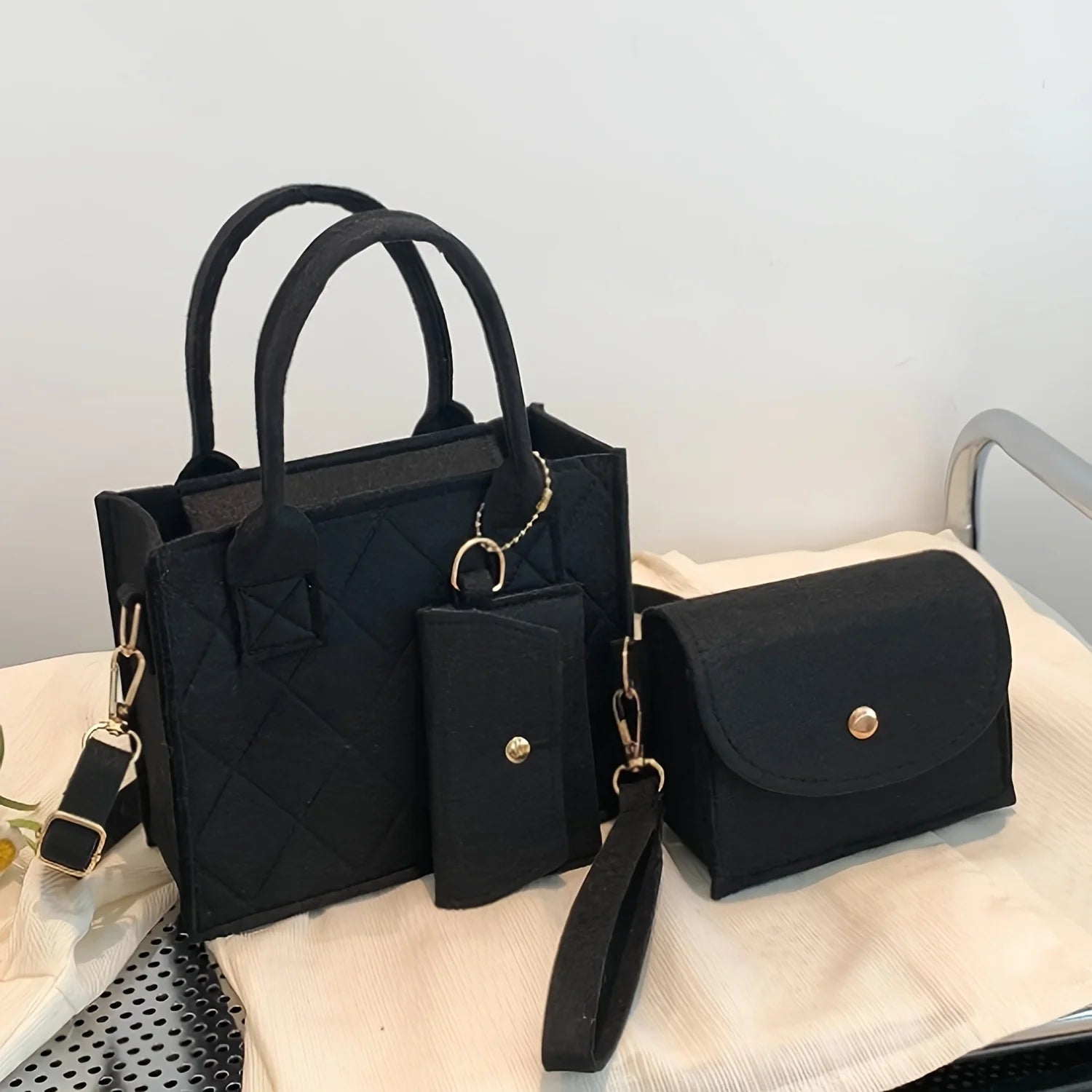 3pcs Embossed Women's Handbag Set Fashion Crossbody Bags, Matching Clutch and Wallet, Solid Color Casual Small Square Bag