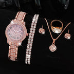 Full Diamond Roman Literal Steel Strip Watch with Starry Charm Business Quartz Watch Set