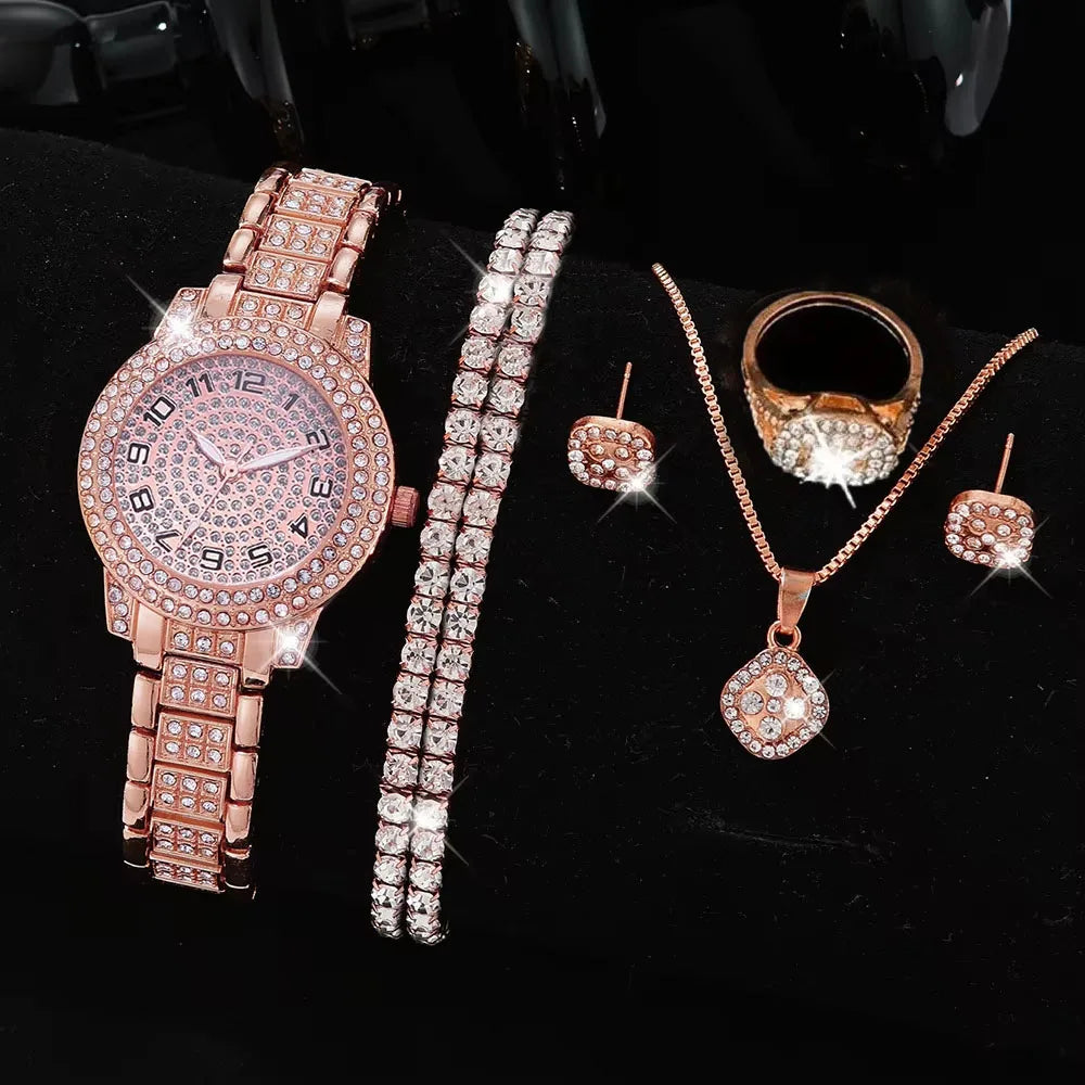 Full Diamond Roman Literal Steel Strip Watch with Starry Charm Business Quartz Watch Set