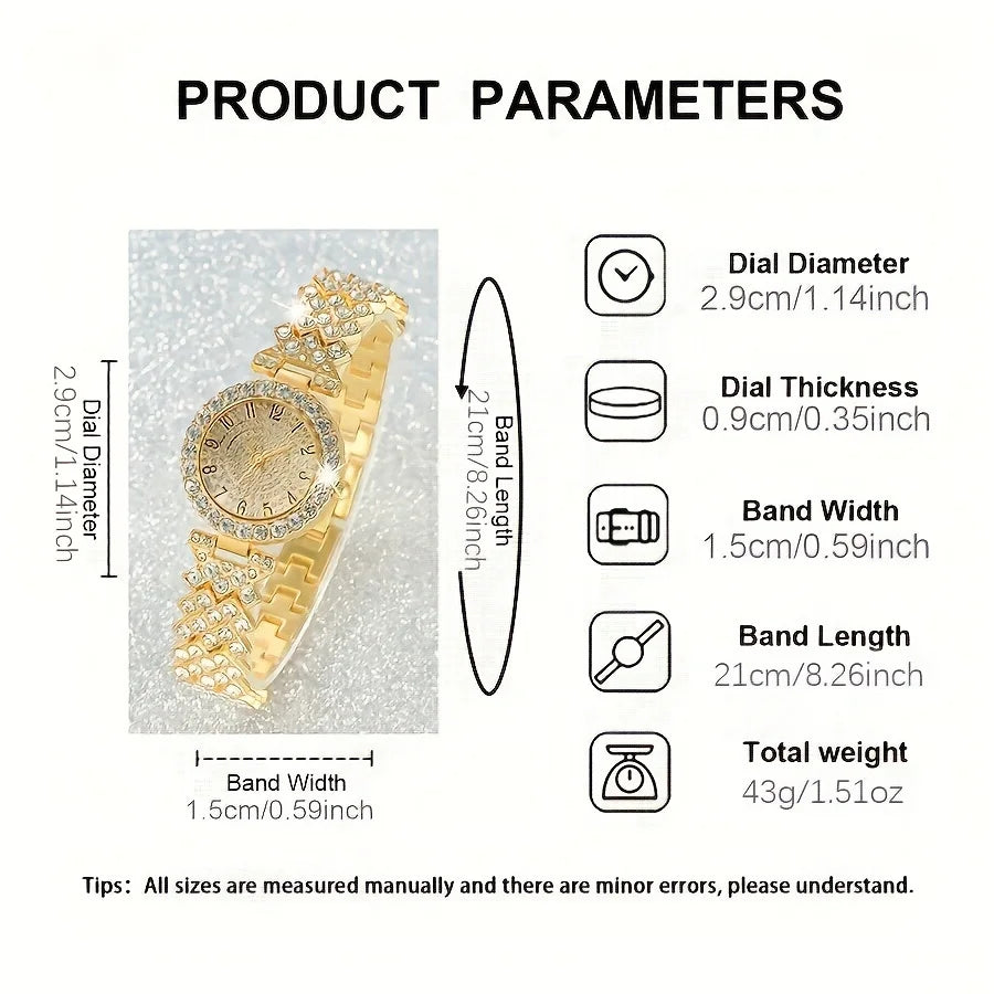 2pcs and 1pcs Elegant Crystal Watch Stainless Steel Fashion Simple Luxury Full Crystal Bracelet Quartz Watch