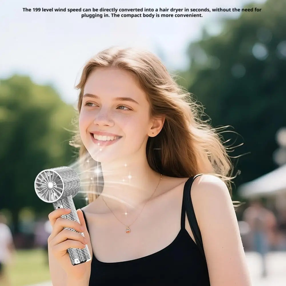 Portable Handheld Fan Digital Display Cooling Gadget 199 Speeds Neck Hangable Rhinestone Hand Fan with Digital Display for Beach