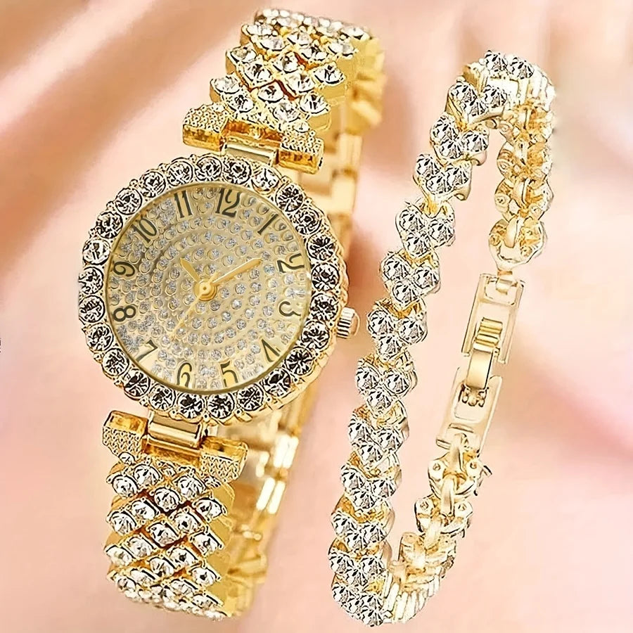 2pcs and 1pcs Elegant Crystal Watch Stainless Steel Fashion Simple Luxury Full Crystal Bracelet Quartz Watch