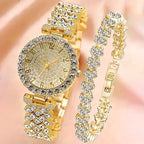 2pcs and 1pcs Elegant Crystal Watch Stainless Steel Fashion Simple Luxury Full Crystal Bracelet Quartz Watch