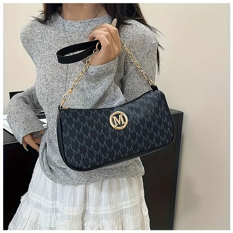 Vintage Underarm Bag for Teenager Letter Print Crossbody Small Square Bag with Chain Shoulder Handbag Adjustable Crossbody Strap