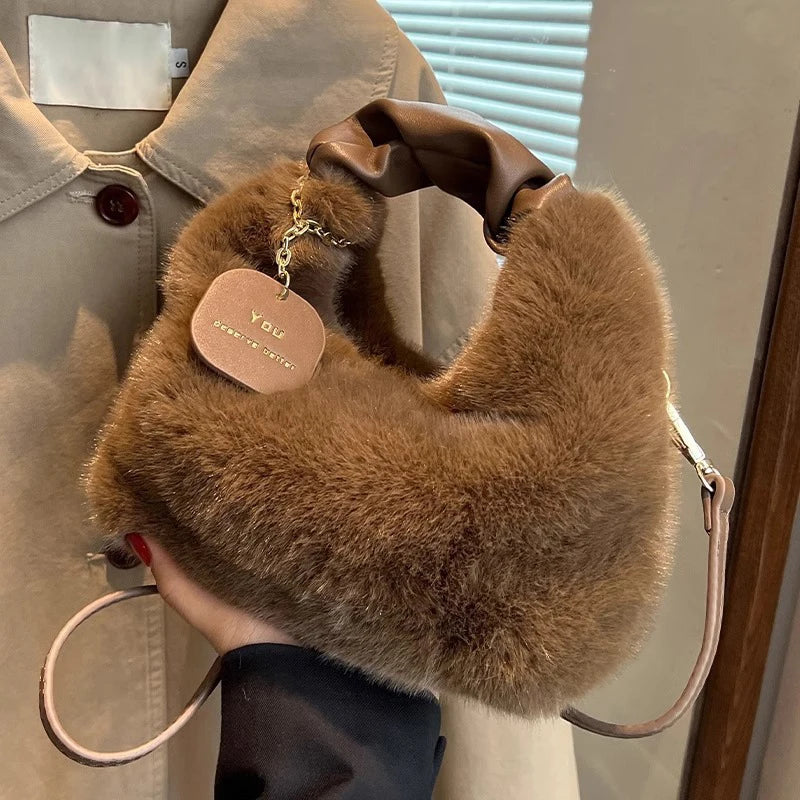 Women Plush Handbags Ruched Handle Small Lady Shoulder Crossbody Bag Casual Tote Half-Moon Hobos Winter Bags