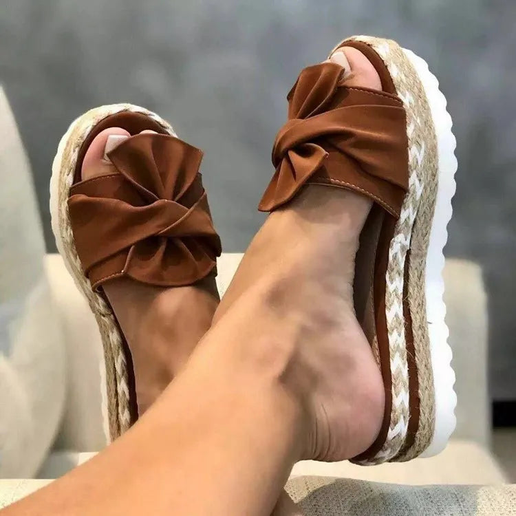 Women Slippers Summer 2022 Platform Wedges Mid Heels Bow Tie Peep Toe Fashion Slides Beach Outdoor Ladies Shoes Zapatos De Mujer