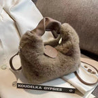 Women Plush Handbags Ruched Handle Small Lady Shoulder Crossbody Bag Casual Tote Half-Moon Hobos Winter Bags