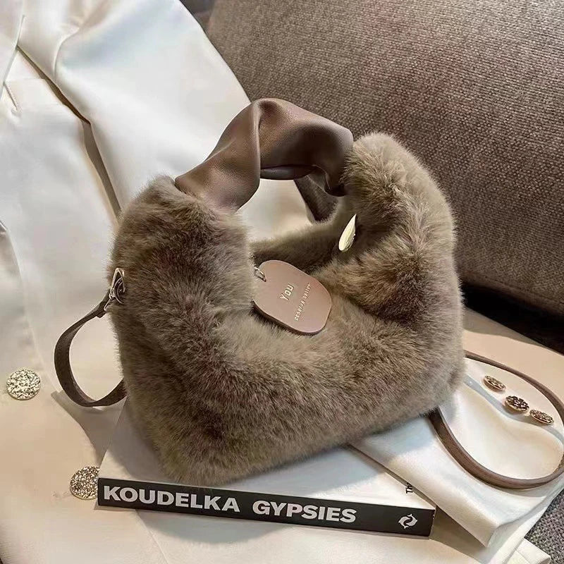 Women Plush Handbags Ruched Handle Small Lady Shoulder Crossbody Bag Casual Tote Half-Moon Hobos Winter Bags
