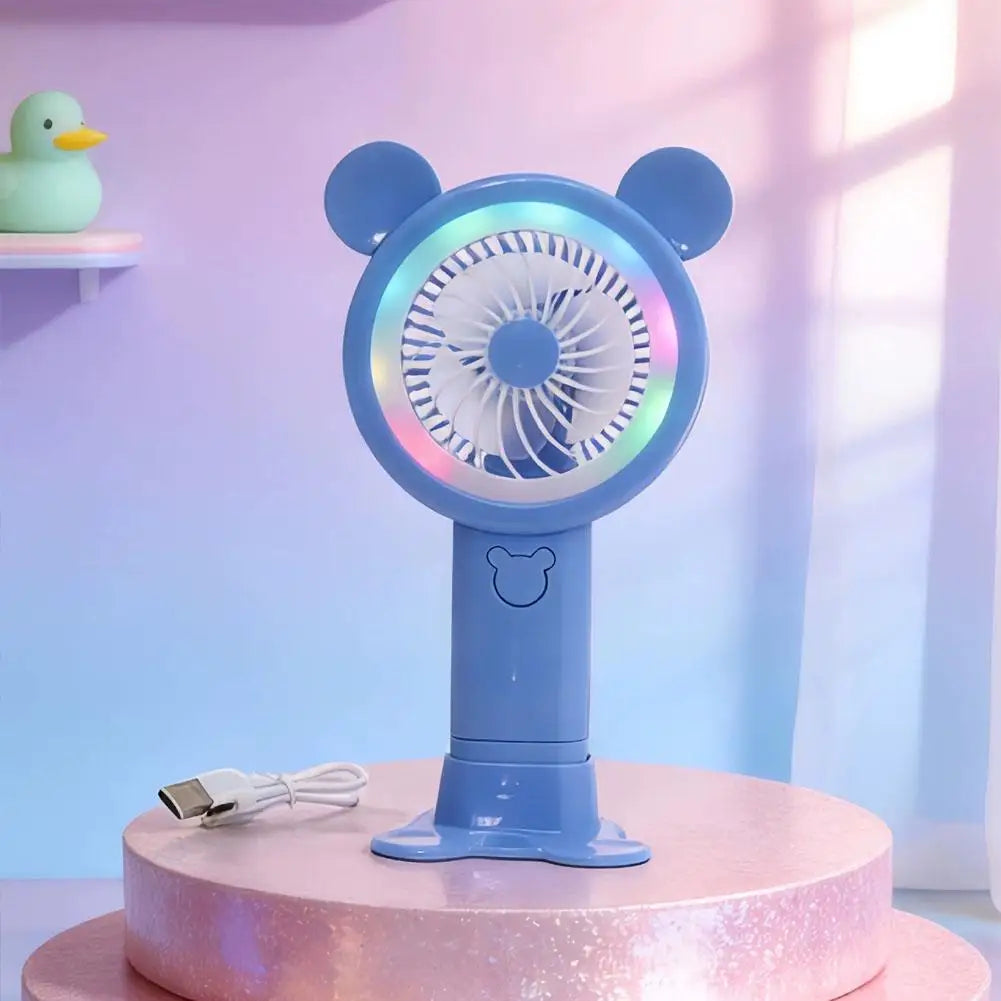 2026 New Gradient Light Handheld Mini Fan Portable Lovely Pink Cartoon Windy Fan Cute Round Ears Desktop Small Electric Fan