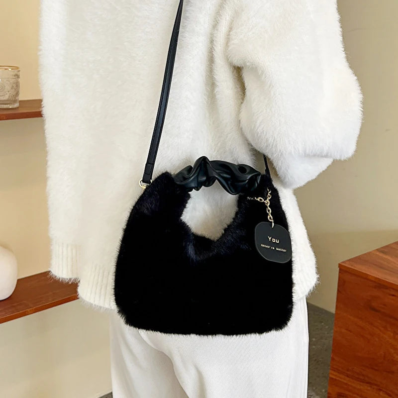 Women Plush Handbags Ruched Handle Small Lady Shoulder Crossbody Bag Casual Tote Half-Moon Hobos Winter Bags