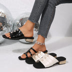Women Slippers Summer Fashion Open Toe Flat Bottomed Square Heel Slippers Ladies Narrow Strap Flower Decoration Sandals Size 43