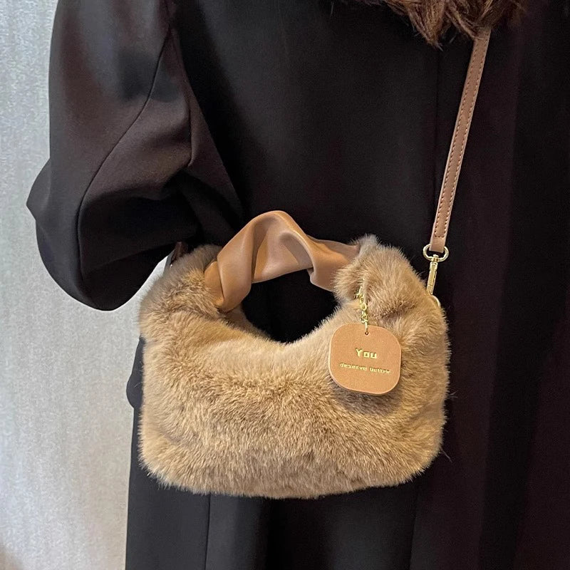 Women Plush Handbags Ruched Handle Small Lady Shoulder Crossbody Bag Casual Tote Half-Moon Hobos Winter Bags