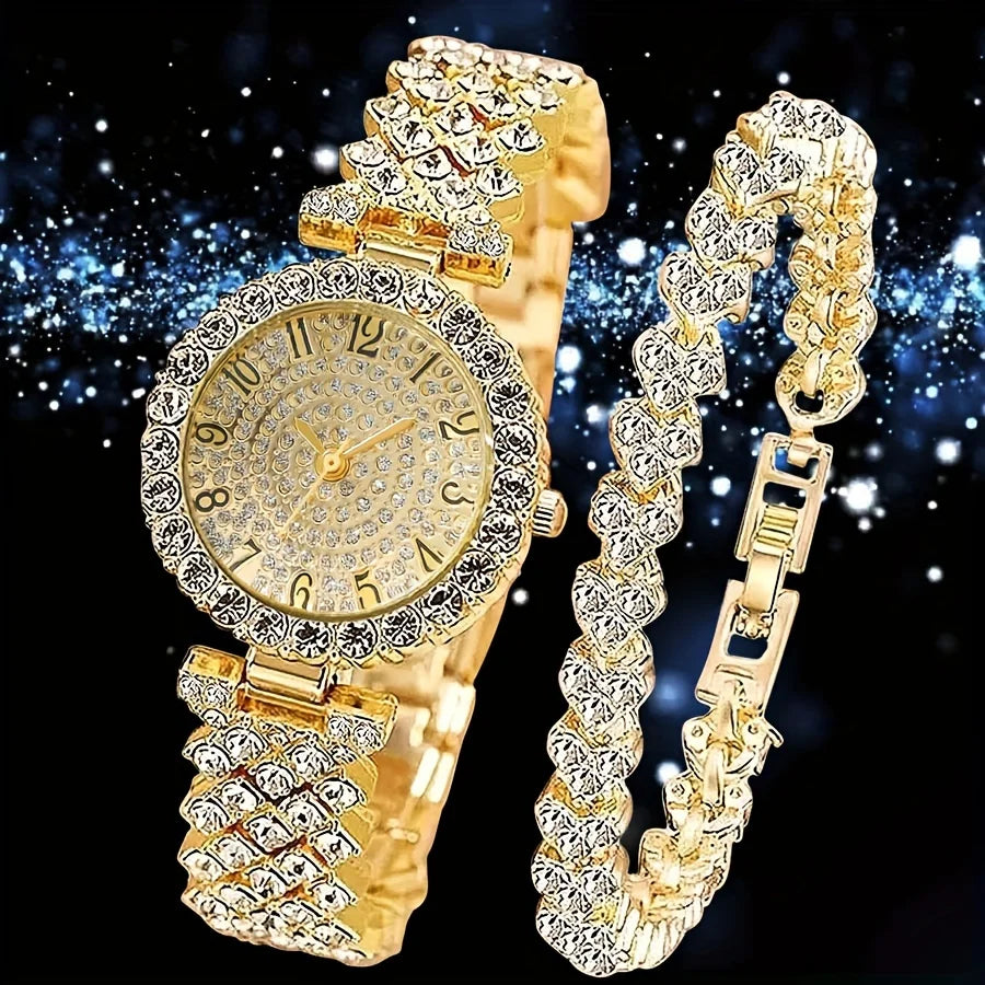 2pcs and 1pcs Elegant Crystal Watch Stainless Steel Fashion Simple Luxury Full Crystal Bracelet Quartz Watch