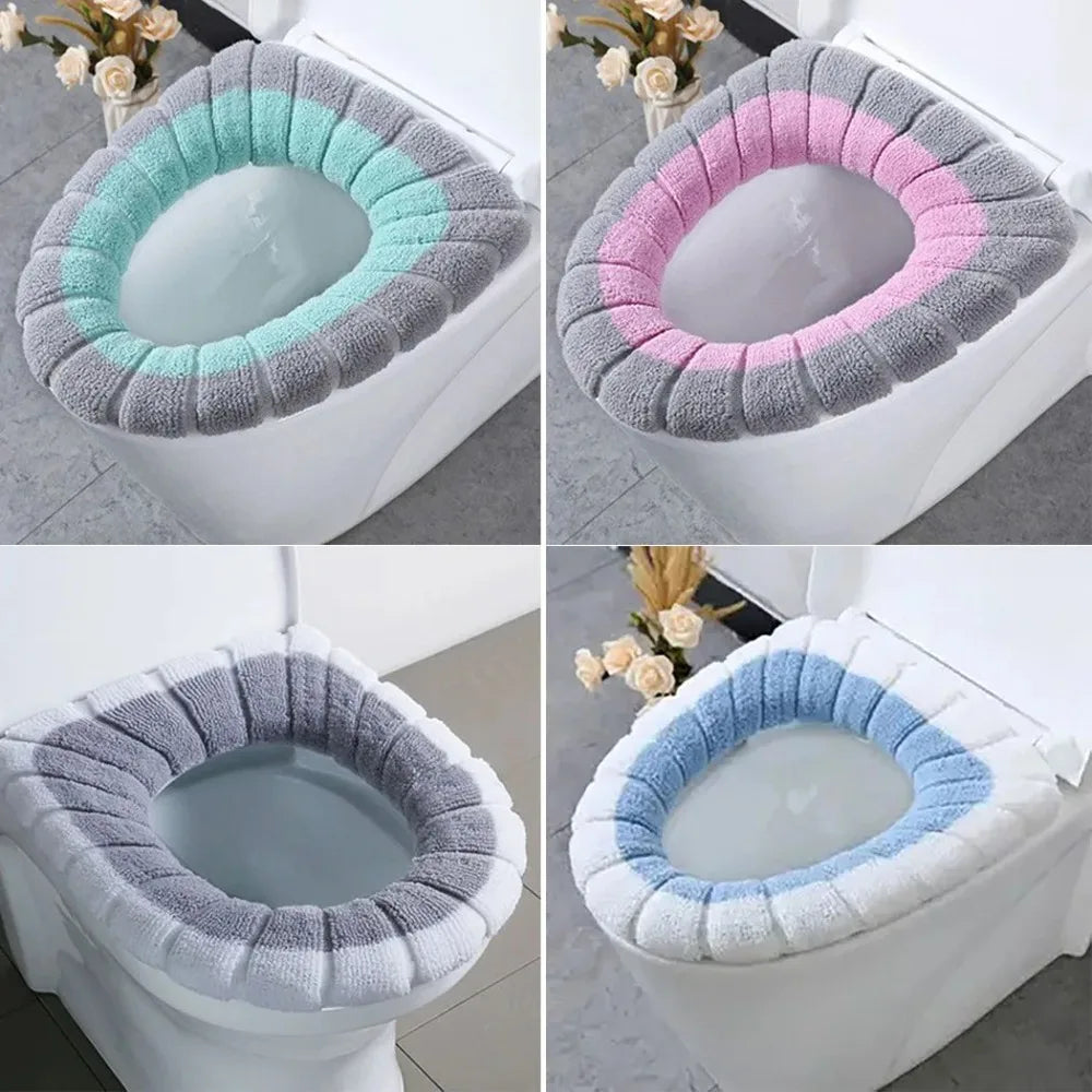 1 piece of washable bathroom toilet seat cover, a thick and soft knitted toilet seat cushion with handle, toilet seat cover